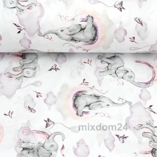 Baby elephants fabric by the yard, baby animals print on cotton, rainbows quilting fabric