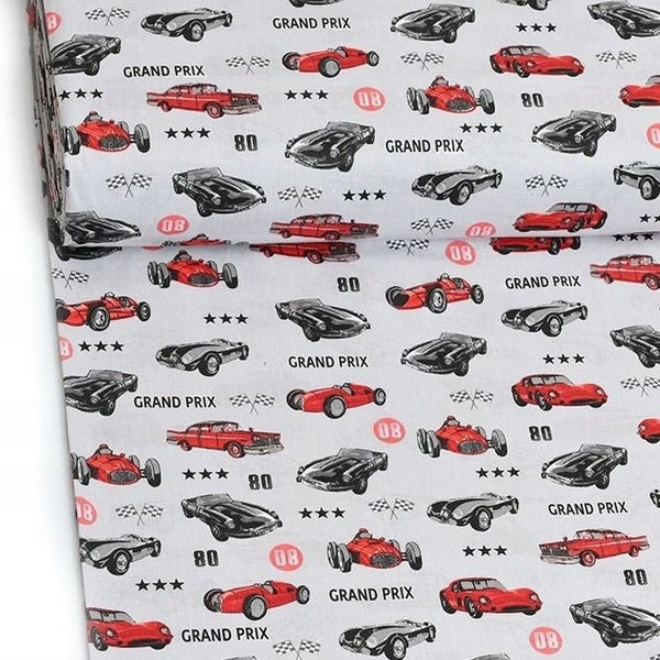 Grand Prix Retro Racing Cars Fabric by the yard, vintage Formula 1 pattern on cotton, F1 Cotton Quilting Fabric, formula one print