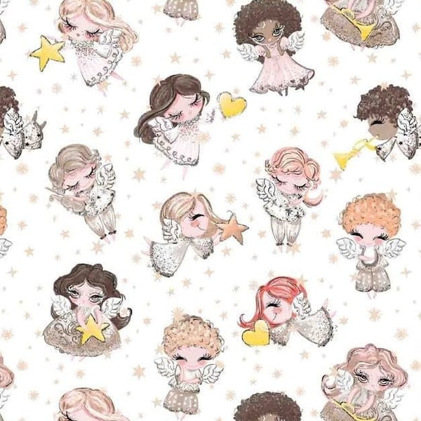 Angels cotton fabric by the yard, glitter stars fabric, Guardian Angels print on white, gold stars pattern