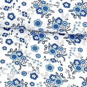 Blue And White Porcelain Floral Cotton Fabric by the yard, blue floral cotton for bedding