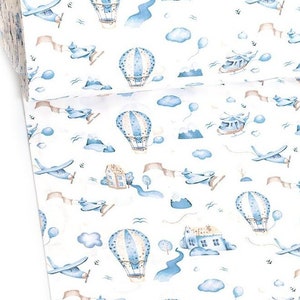 Vintage Planes Cotton Fabric by the yard, Hot Air Balloon print, Plane Nursery Fabric, Boys Textile