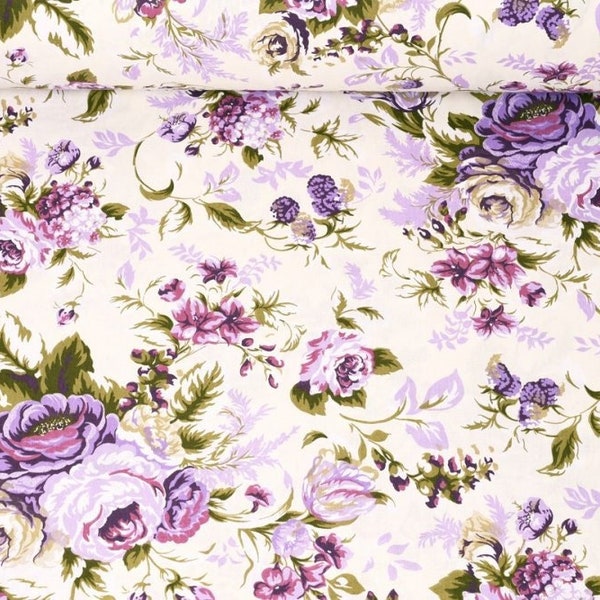 Purple roses fabric by the yard, Floral cotton for bedding