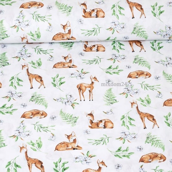 Bambi fabric, Baby deer by the yard, nature roe cotton fabric, Roses quilting fabric pink blue white, flower crown