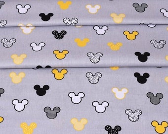 Tissu Mickey Mouse par mètre, coton imprimé Disney, jaune et gris blanc