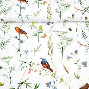 Botanical Cotton Fabric by the Yard, Birds Fabric, cotton for cushions, cotton for adults