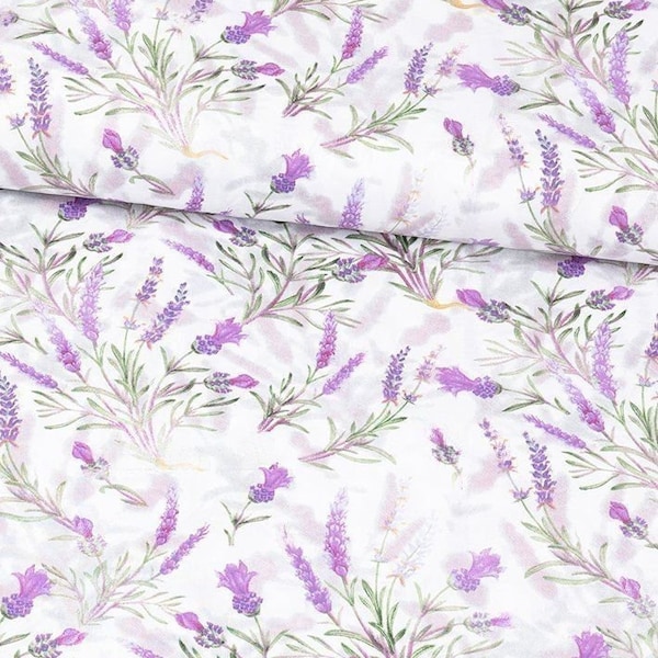 Lavender print on cotton fabric by the yard, floral print, purple flowers, bedding fabric