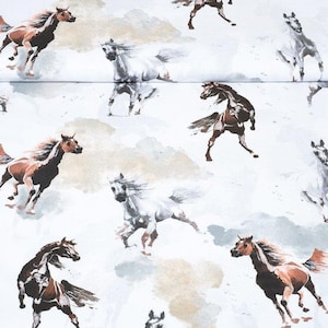 Rennende paarden stof bedrukt katoen, stof op maat gesneden, dierenprint bruine paarden, cadeau paardenliefhebber