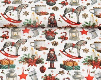 Nutcracker Christmas cotton fabric, Rocking horses gifts candles stars lanterns, christmas tree, home decorations