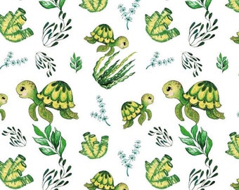 Cotton Fabric, sea turtles Fabric, green Fabric, baby Fabric by the Yard