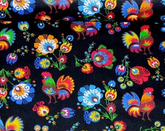 Polish Cotton fabric by the yard, folklore print, rooster on black, bedlinen fabric Lowicz