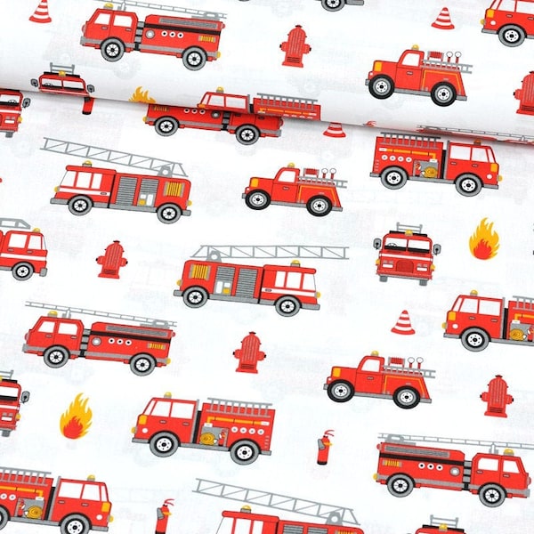 Firefighter Fabric by the yard, Fire truck boys bedding, firetruck print, Cotton fabric cars, kids cotton fabric