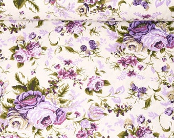 Purple roses fabric by the yard, Floral cotton for bedding