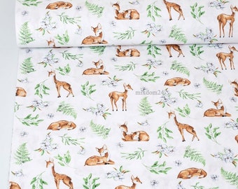 Bambi fabric, Baby deer by the yard, nature roe cotton fabric, Roses quilting fabric pink blue white, flower crown