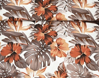 Hibiscus fabric by the yard, Tropical flower Hawaii cotton, Jungle print material Monstera leaf Grey leaves Flowers cotton fabric