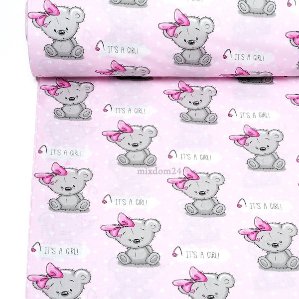 It's a girl! Fabric by the yard, teddy bear print on cotton