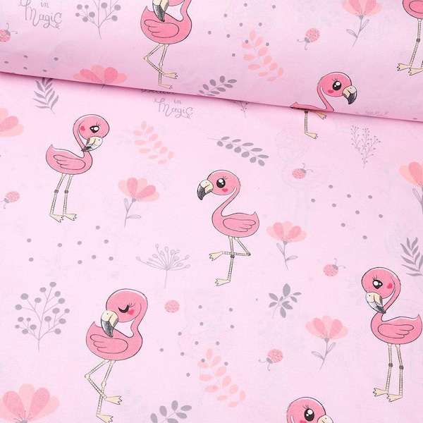 Baby flamingos fabric by the yard, pink background, baby girls fabric