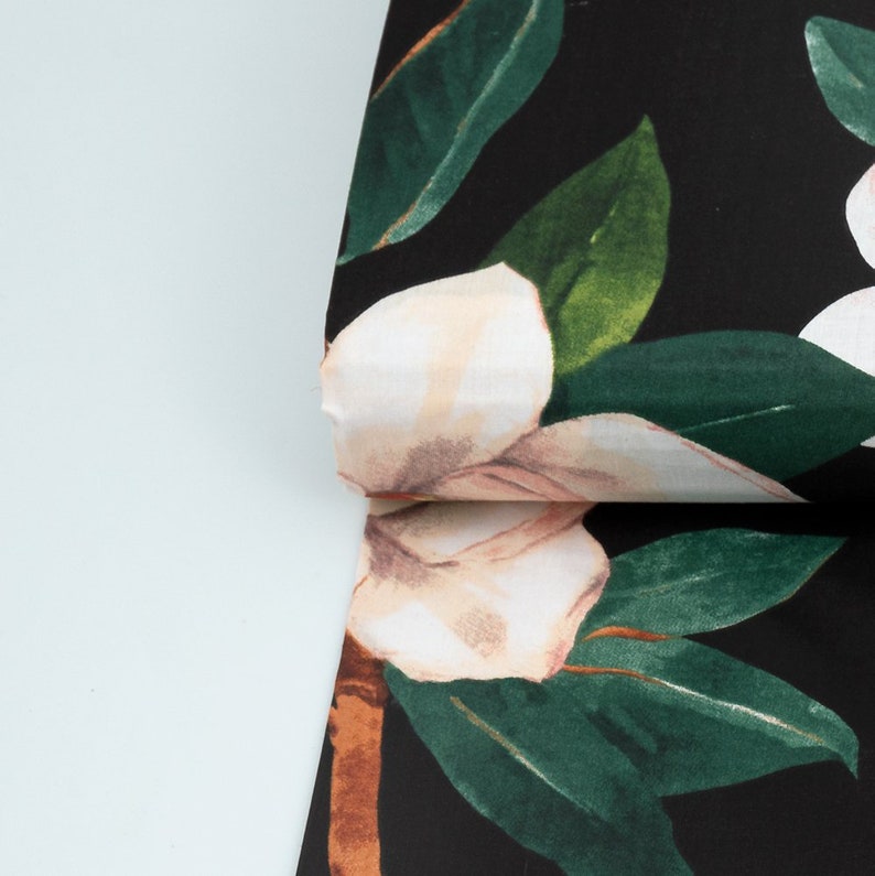Magnolia Flowers Fabric by the Yard Floral Cotton on Black Etsy