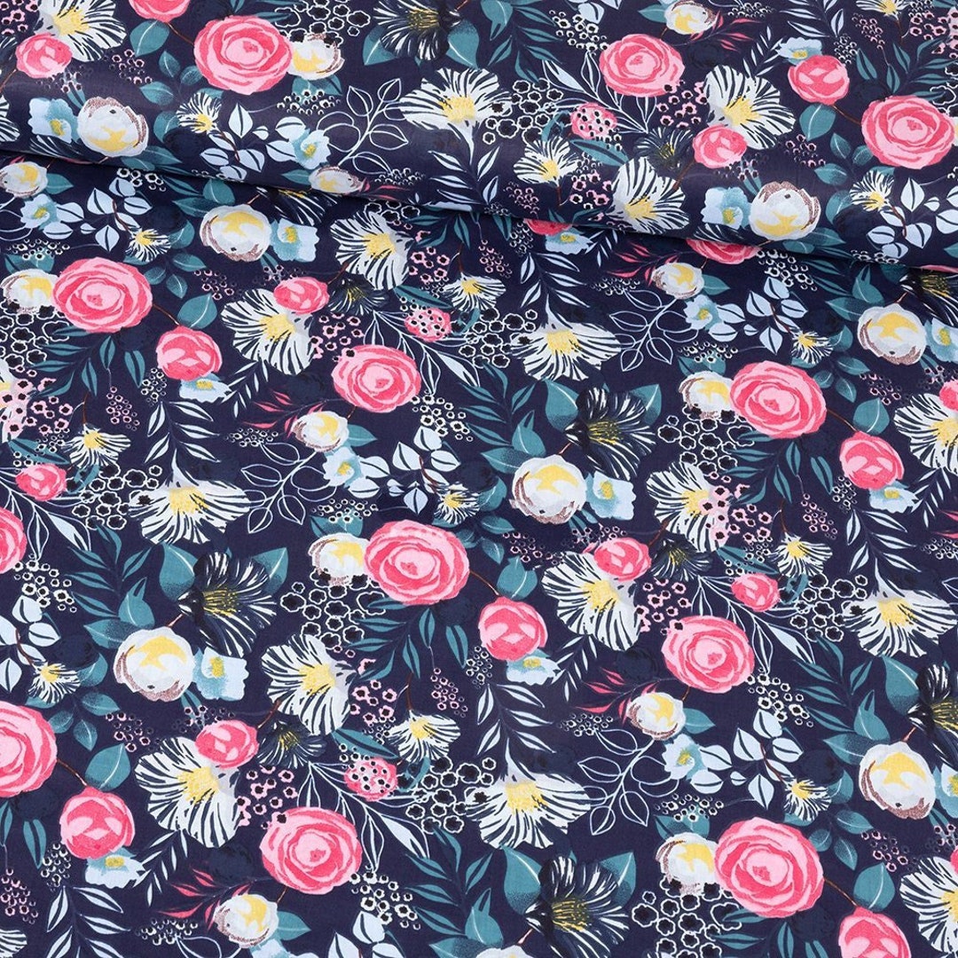 Pink Roses on Navy Blue, Floral Cotton Fabric by the Yard - Etsy