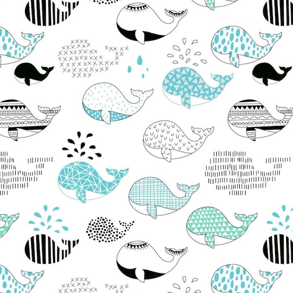 Whales Fabric by the Yard, nautical print, fish Colorful Fabric, Cotton Baby Fabric