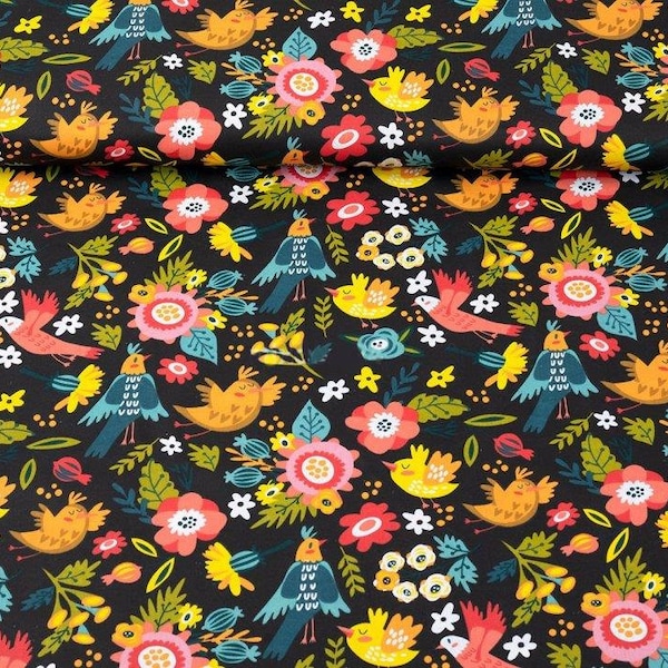 Ethno Birds folk print on pure cotton fabric, ethnic flowers, made in Poland, floral folklore
