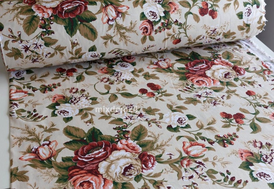 Roses on beige flowers cotton fabric by the yard, Floral print on cotton, red flowers