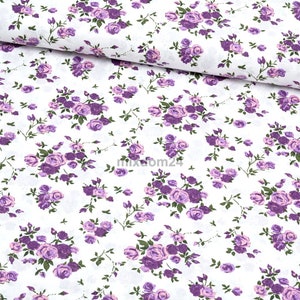 Tessuto con piccole rose viola tagliato su misura, tessuto di cotone floreale rosa per bambini, tessuto con stampa boho