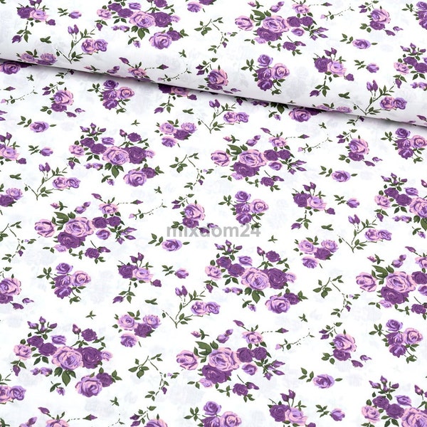 Small Purple Roses fabric by the yard, pink floral kids cotton fabric, boho print fabric