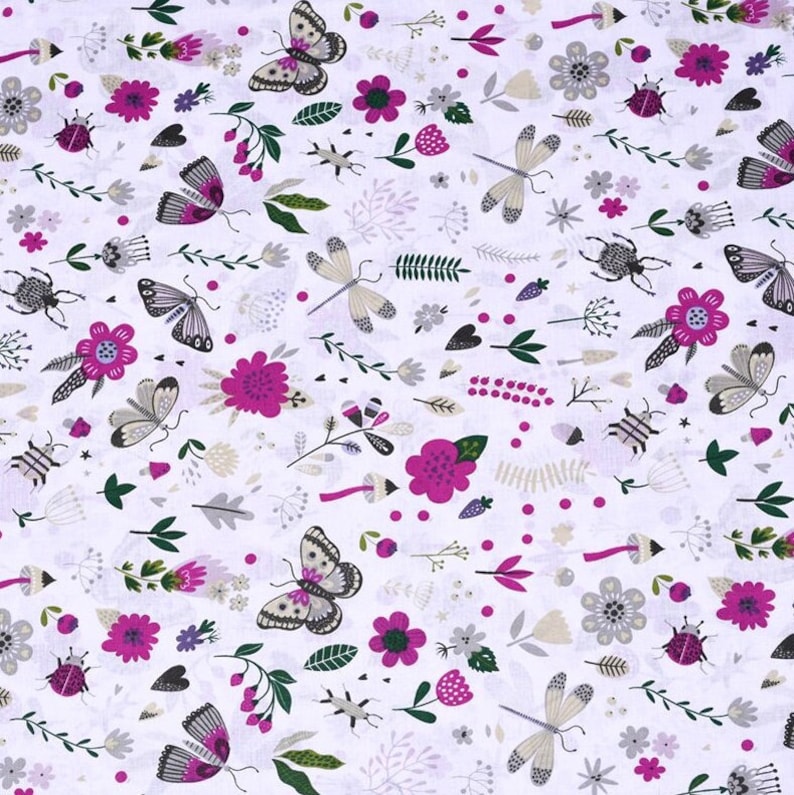 Insectes insectes tissu, libellules coléoptères sur blanc, matelassage de coton, imprimé floral violet image 1