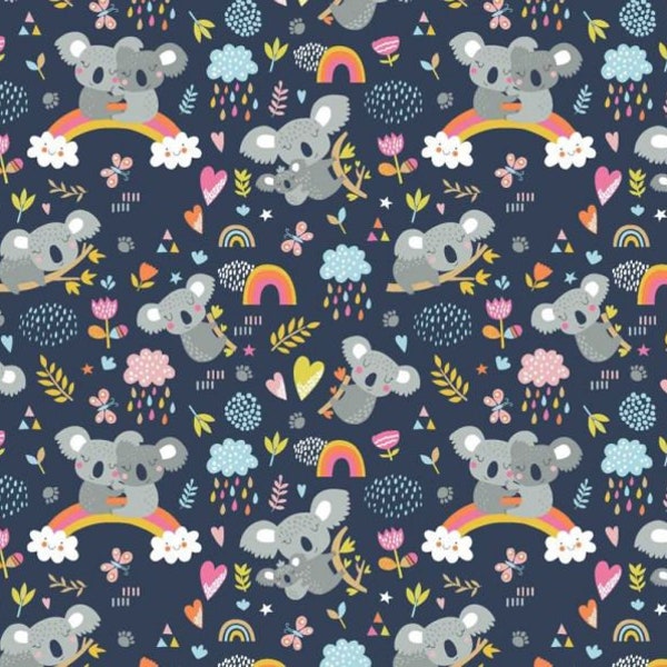 Navy blue Koala Fabric by the yard, Koala bear printed cotton, Fabrics by the Yard-Half Yard Cotton Fabric, Quilting Print Fabric