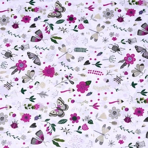 Insectes insectes tissu, libellules coléoptères sur blanc, matelassage de coton, imprimé floral violet image 2