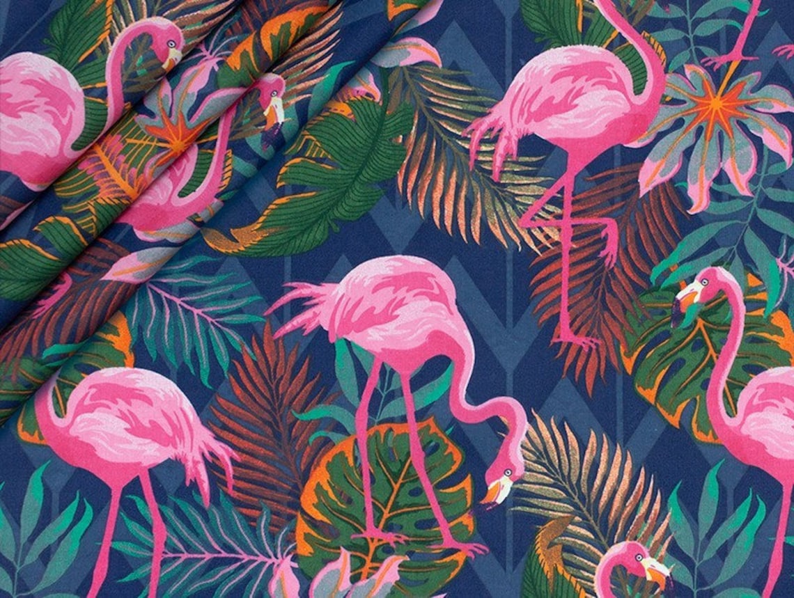 Flamingo Cotton Fabric by the Yard Monstera Leaf Tropical Etsy