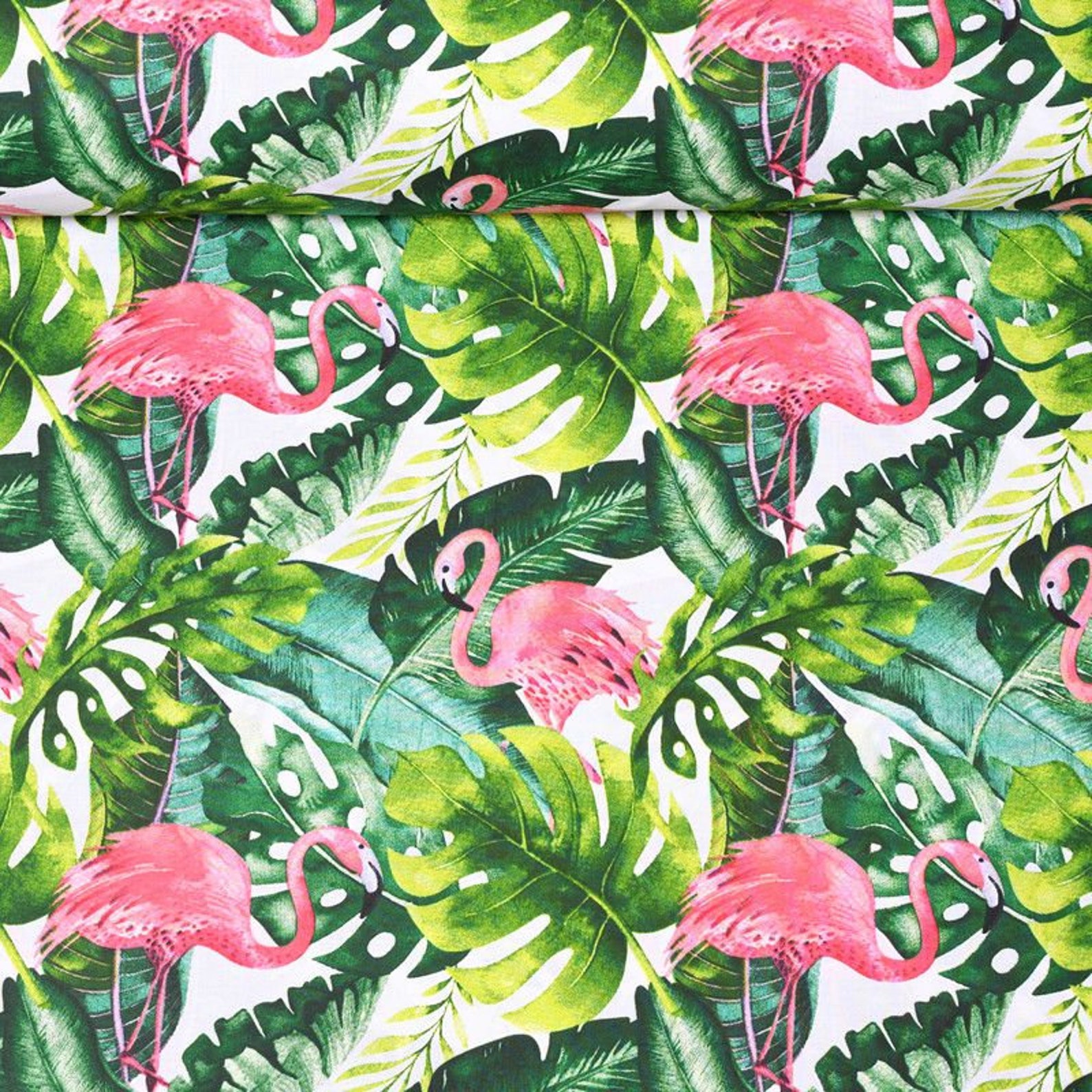 Flamingo Cotton Fabric by the Yard Monstera Leaf Tropical Etsy