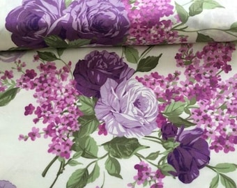 Purple Roses on ecru fabric by the yard, floral kids cotton fabric, boho print fabric