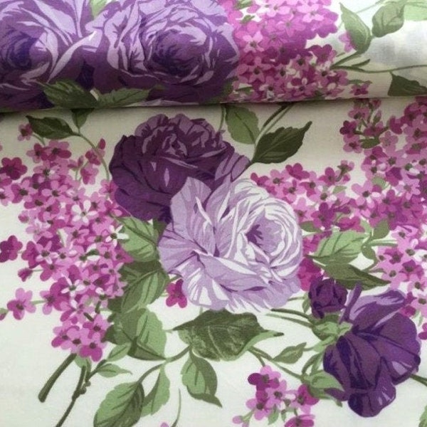 Purple Roses on ecru fabric by the yard, floral kids cotton fabric, boho print fabric