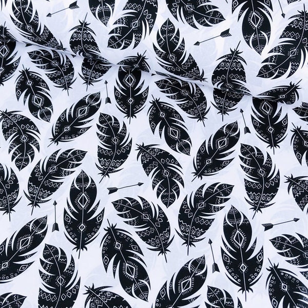 Black and white Feathers cotton fabric, kids fabric by the yard, Feathers printed cotton