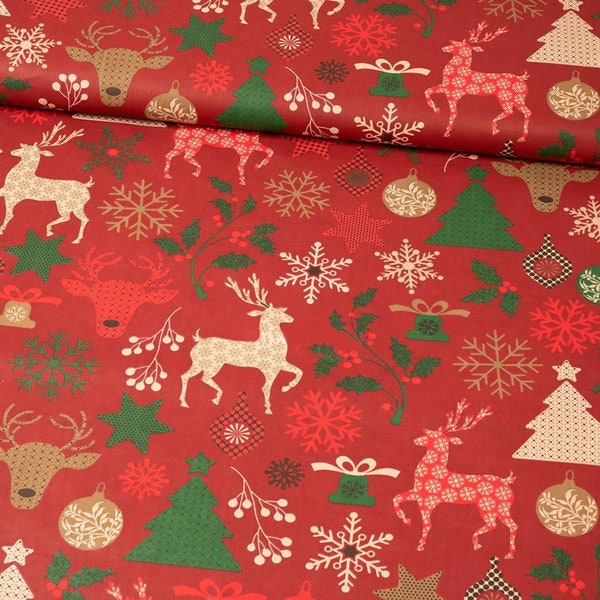 Scandinavian christmas fabric deer, scandi print by the yard, christmas decorations, red green white Cotton Fabric