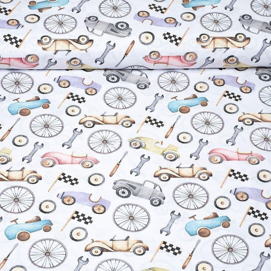 Retro Cars Fabric by the Yard, Vintage Cars Print on Quilting Cotton