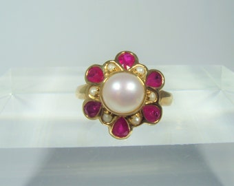 Vintage Ruby and Pearl cluster 9ct yellow gold ring