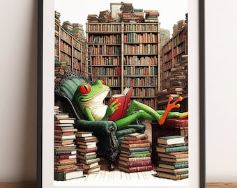 Frog Wall Art Printable, Reading Frog Print, Book Lover Gift, Animal Nursery Decor, Cozy Library Illustration, Cottagecore Wall Art