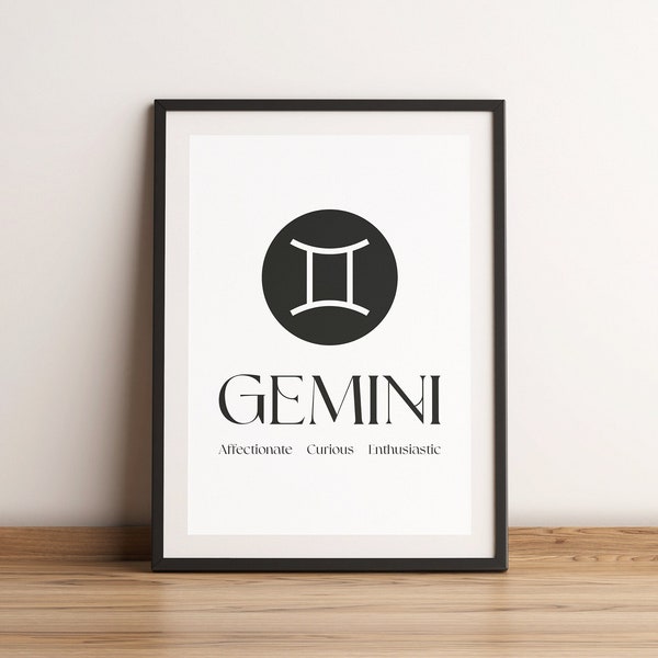 Gemini Zodiac Star Sign Wall Art Print, Tarot Card Style Poster, Astrology Horoscope Birthday Gift, Minimalist Celestial Spiritual Artwork