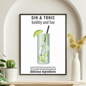 Lustige Gin und Tonic Zitat Wandkunst, sofortiger Download Bar Dekor, Alkohol Getränke Menü Druck, Gin-Liebhaber Geschenk für Sie, G & T Party Poster Cocktail