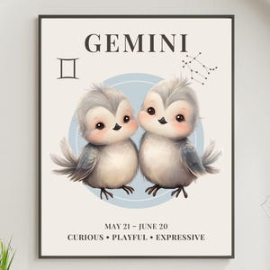 Gemini Zodiac Baby Print: Twin Bird Astrology Nursery Art (Digital Download)