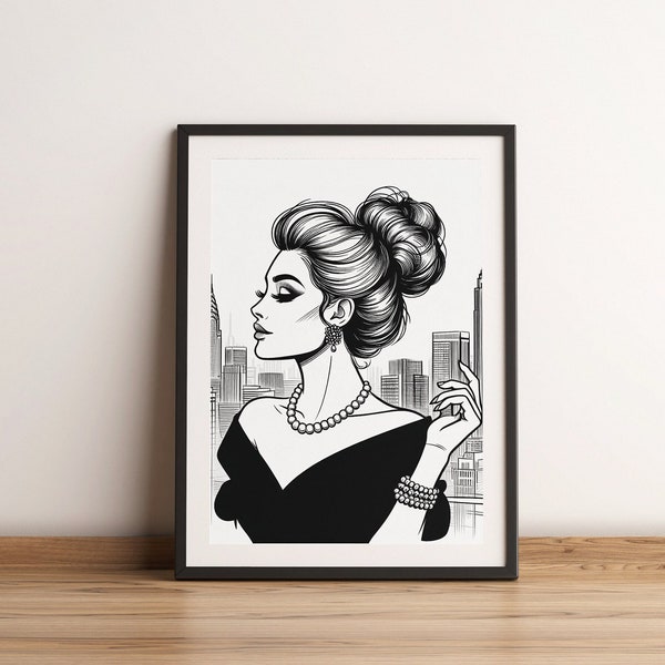 City Chic Woman Digital Download Wall Art, Stylish Line Drawing, Modern City Skyline Decor, Beautiful Girl Line Art, Black And White Poster