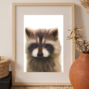 Impresión artística de pared de mapache peludo, animal del bosque, póster imprimible para decoración del hogar de la guardería, lindos animales de granja pequeños, regalo para baby shower, tamaño A3, A4, A1