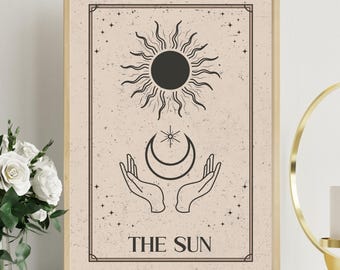 Sonne Tarot Karte Print: Beige Boho Celestial Wand Kunst (Digitaler Download)