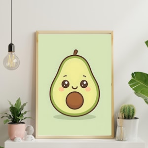 Kawaii Avocado Wall Art, Cute Green Fruit Digital Print for Kitchen, Nursery or Kids Room Healthy Food Decor Instant Download, Classroom Art