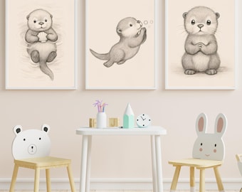 Kunstprints babyotterkwekerij: speelse bosdieren (digitale downloadset van 3)