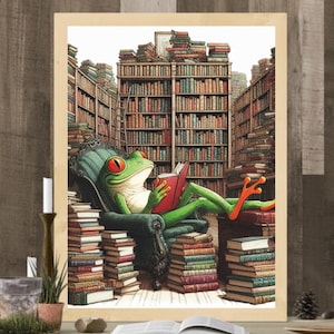Cozy Reading Frog Print: Whimsical Bookshop Illustration (Digital Download)
