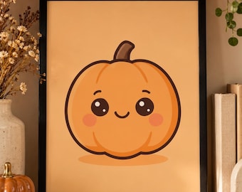 Op de afbeelding: Een ingelijste wandkunstprint met een cartoonpompoen met een lachend gezicht, grote zwarte ogen en roze wangen. De pompoen is oranje met een bruine steel, tegen een lichtoranje achtergrond, in een eenvoudige zwarte rechthoekige lijst.