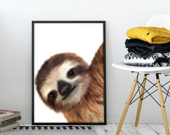 Lazy Sloth Wild Animal Illustration Print, Cute Nursery Pet Print for Kids Room Home Decor, Happy Illustration Tropical Rainforests Poster